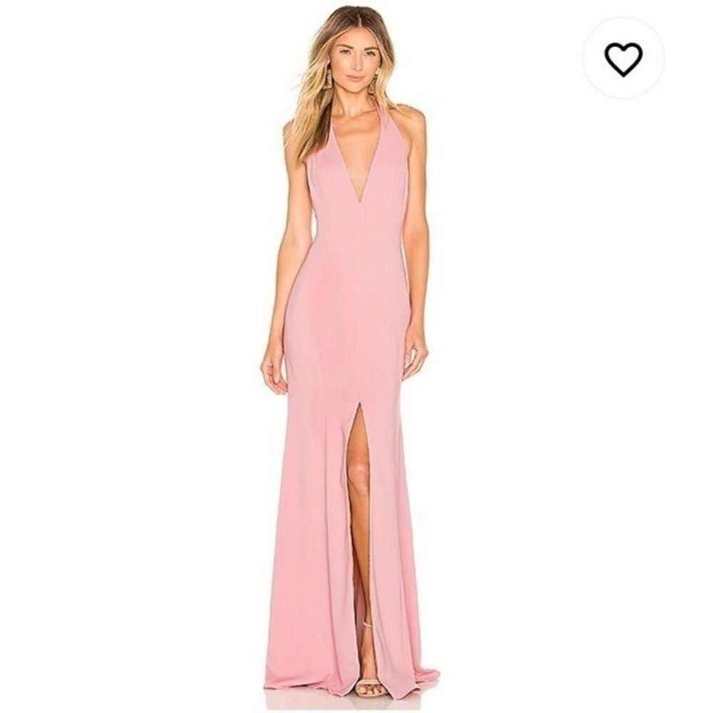 New Lovers + Friends Deep V Halter Neck Slit Pink Gown